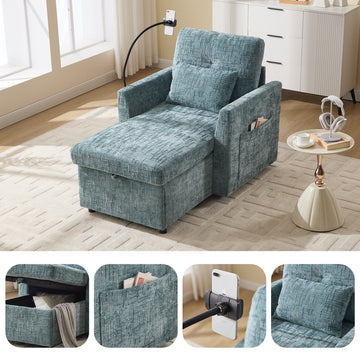 Multifunctional Chenille Sofa with Storage & Cell Phone Bracket, Single Sleeper Chair, Chaise Lounge Chair, Lake Blue
