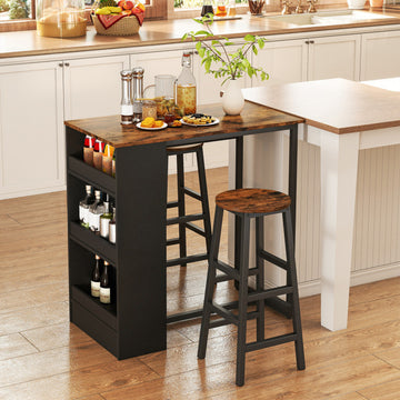 3 Pieces Black and Brown Bar Table Set with Storage and 2 Chair
