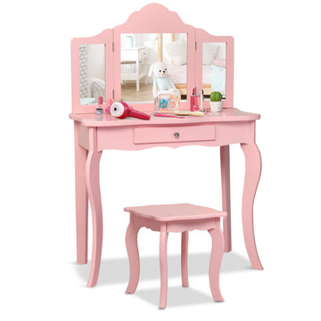 Kids Dressing Vanity Set with Detachable Tri-Folding Mirror and Stool,Pink