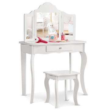Kids Dressing Vanity Set with Detachable Tri-Folding Mirror and Stool,Pink