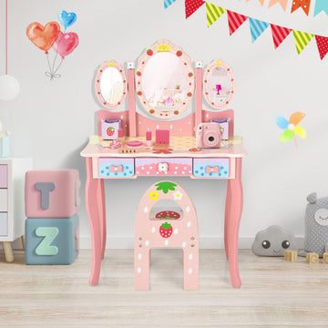 Kids Vanity Princess Makeup Dressing Table Chair Set with Tri-fold Mirror, Pink