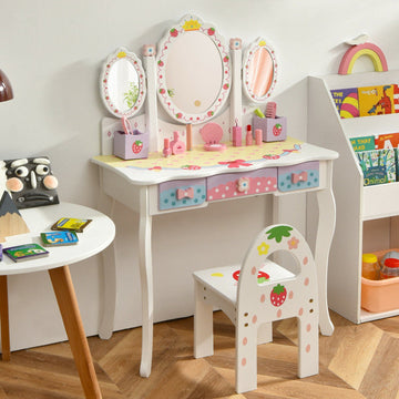 Kids Vanity Princess Makeup Dressing Table Chair Set with Tri-fold Mirror, Pink