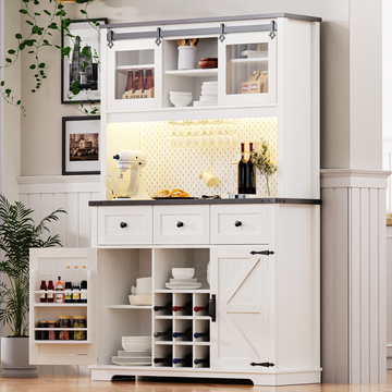 71" Farmhosue Pantry Bar Cabinet with Internal Storage Rack,Kitchen Cabinet with Hutch,Sliding Door,Rustic Coffee Bar Storage Cabinet,White Oak