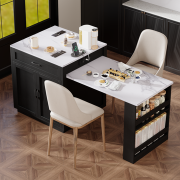 82.7 inch Kitchen Island with Extendable Dining Table, Two-tone Kitchen island with Storage 2 Drawers 2 Side Open Shelves, Power Outlet