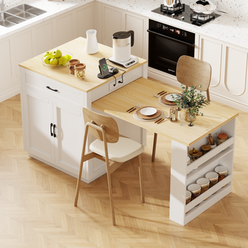 82.7 inch Kitchen Island with Extendable Dining Table, Two-tone Kitchen island with Storage 2 Drawers 2 Side Open Shelves, Power Outlet