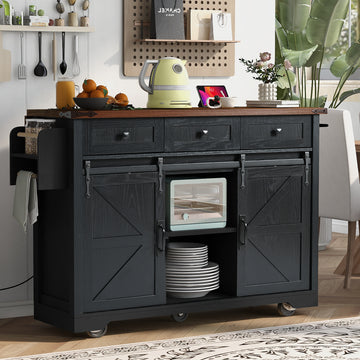 53.7" Farmhouse Kitchen Island with Power Outlet, 2 Sliding Barn Door, Drop Leaf, Spice Rack, Kitchen Storage Cart with Wheels