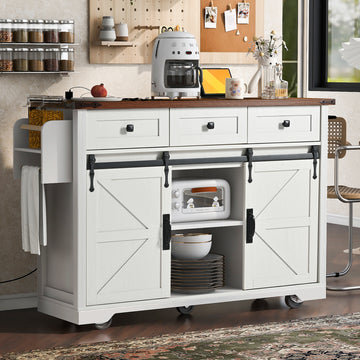 53.7" Farmhouse Kitchen Island with Power Outlet, 2 Sliding Barn Door, Drop Leaf, Spice Rack, Kitchen Storage Cart with Wheels