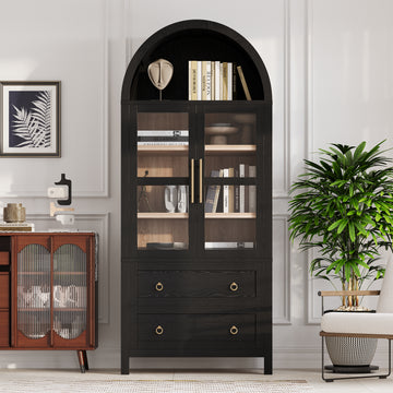 71" Tall Arched Kitchen Pantry Cabinet with 2 Large Drawers, Adjustable Shelves, Glass Door, Wood Versatile Cupboard