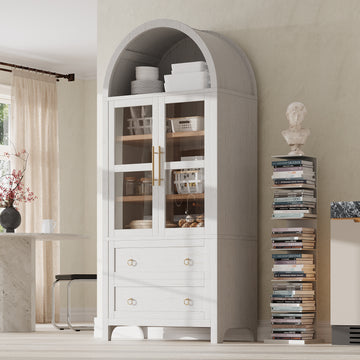 71" Tall Arched Kitchen Pantry Cabinet with 2 Large Drawers, Adjustable Shelves, Glass Door, Wood Versatile Cupboard