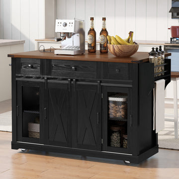 58" Farmhouse Kitchen Island with Storage, Sliding Barn Door & Metal Grid Side Door, Rolling Kitchen Island on 5 Wheels with Spice Rack, Glass Holders,Island Table with Drop Leaf for Kitchen