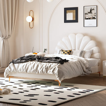 Queen Size Platform Bed Upholstered Platform Bed Frame with Shell Shaped Headboard, Single Double Bed with Wooden Slats Support