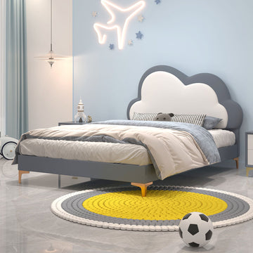 Queen Size Platform Bed Frame with Cloud Shape Headboard Large Platform Bed Frame with Wooden Frame Support