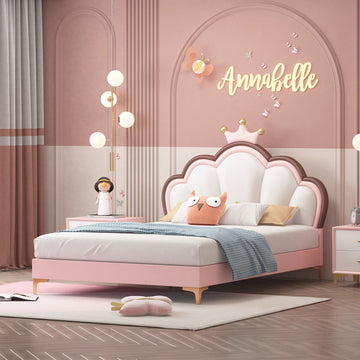 Queen Size Platform Bed Frame with Crown Shaped Headboard, Large Full Children's Bed Frame, Single Double Bed with PU Leather Headboard