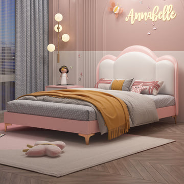 Queen Size Platform Bed Frame with PU Leather Headboard, Platform Bed with Solid wood Frame Support, Large Single Double Bed for Kid