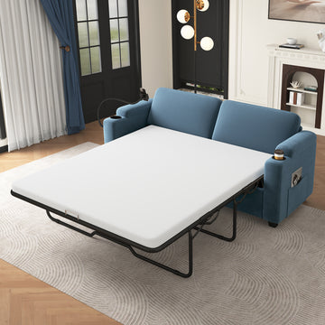 72.8" Corduroy Sleeper Sofa Loveseat Sofa with Full Size Mattress, Two USB Ports, Two Cup Holders, Two Side Pockets and a Phone Holder for Living Room
