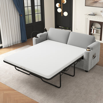 72.8" Corduroy Sleeper Sofa Loveseat Sofa with Full Size Mattress, Two USB Ports, Two Cup Holders, Two Side Pockets and a Phone Holder for Living Room