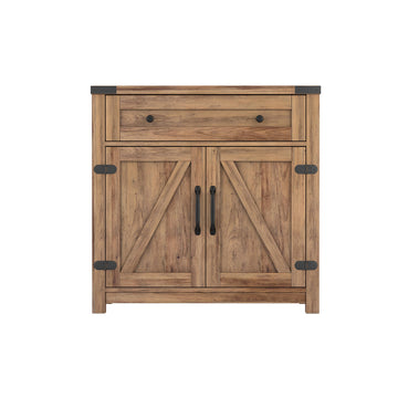 Modern Farmhouse Double Barn Door Accent Cabinet, 30 Inch, Yellow Walnut Storage Cabinet with Adjustable Shelf & Drawer, Rustic Storage for Living Room or Office