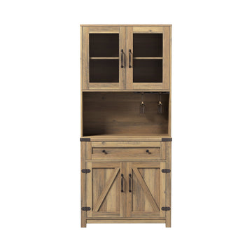 Modern Farmhouse Double Barn Door Accent Bar Cabinet with Goblet Holder, 71.45"H Sideboard Cabinet with Adjustable Shelves & Drawer, Yellow Walnut
