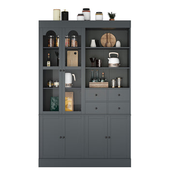 47.2in.W x 15.7in.D x 75in.H Gray Freestanding Buffet with Hutch Tall Kitchen Pantry Cabinet with 4 Drawers Door Shelves and Pull-out Trays for Dining Rooms and Living Rooms
