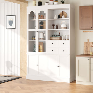 47.2in.W x 15.7in.D x 75in.H White Freestanding Buffet with Hutch Tall Kitchen Pantry Cabinet with 4 Drawers Door Shelves and Pull-out Trays for Dining Rooms and Living Rooms