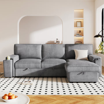 Upholstery Sleeper Sectional Sofa with Storage Bags and 2 Cup Holders on Arms