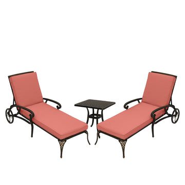 Lounge Chairs for Outside Set of 3 with Side Table & Cushion Patio Lounge Chairs Cast Aluminum Chaise Lounge Pool Chairs Outdoor Lounge Chairs, Bronze with Red Cushion