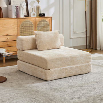 Convertible Floor Sofa Bed with Fixed-Shape Frame,Single Seater Boneless Modular Sectional Sofa,No Assembly Required,Chenille fabric,for Living Room Bedroom,Beige