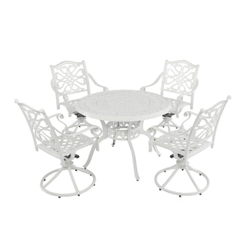 5-Piece Cast Aluminum Outdoor Conversation Set Outdoor Dining Table with Umbrella Hole Outdoor Swivel Rockers Patio Dining Chairs in White