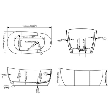 63 Inch Oval Matte White Artificial Stone Modern Style Freestanding Soaking Bathtub