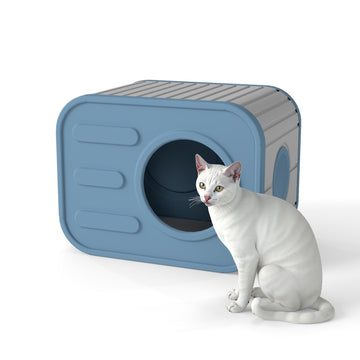 Indoor Camera Shape Cat House Antarctica Gray Blue Fun Design Small Size Space Saving Easy Clean