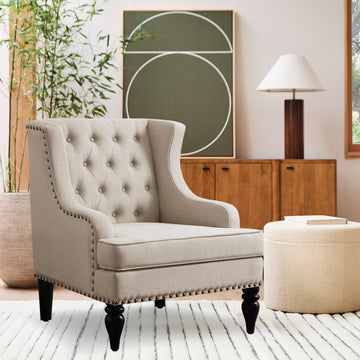 Linen Button Tufted Accent Chair with Nailhead Trim and Solid Wood Legs