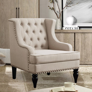 Linen Button Tufted Accent Chair with Nailhead Trim and Solid Wood Legs