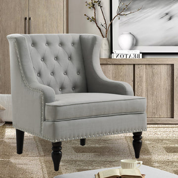 Linen Button Tufted Accent Chair with Nailhead Trim and Solid Wood Legs