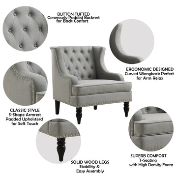 Linen Button Tufted Accent Chair with Nailhead Trim and Solid Wood Legs