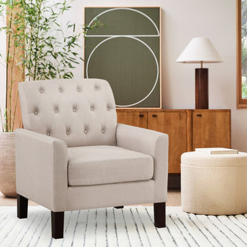 Beige Linen Button Tufted Accent Chair with Solid Wood Legs