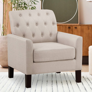Beige Linen Button Tufted Accent Chair with Solid Wood Legs