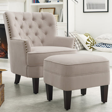 Tufted Accent Chair with Ottoman and Solid Wood Legs