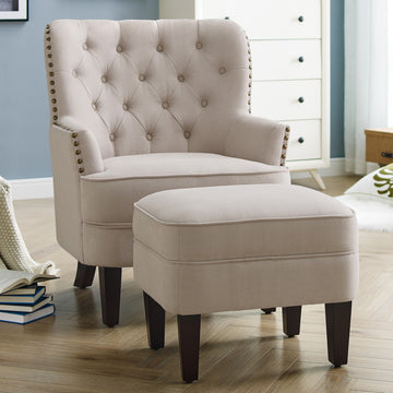Tufted Accent Chair with Ottoman and Solid Wood Legs