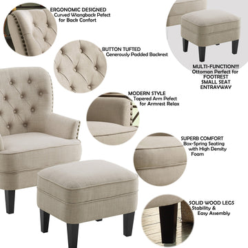 Tufted Accent Chair with Ottoman and Solid Wood Legs