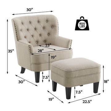 Tufted Accent Chair with Ottoman and Solid Wood Legs