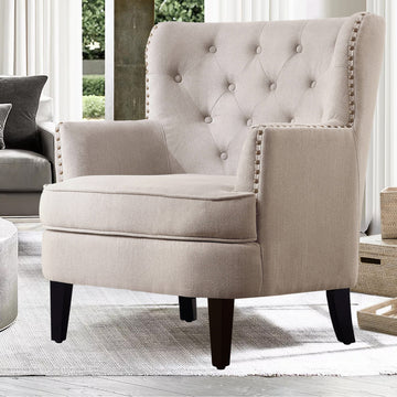 Velvet Button Tufted Accent Chair with Nailhead Trim and Solid Wood Legs