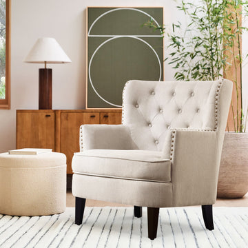 Velvet Button Tufted Accent Chair with Nailhead Trim and Solid Wood Legs