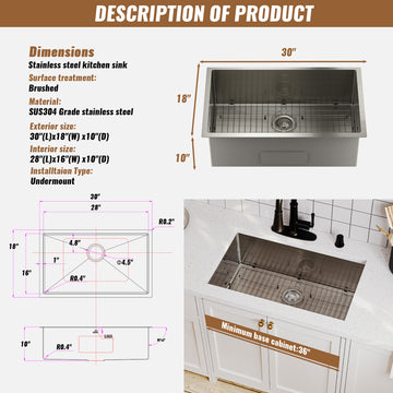 30 in. Undermount Single Bowl 18-Gauge Brushed Stainless Steel Kitchen Sink with Cutting Board, Accessories