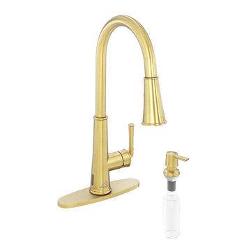 LED Infrared Sensor Pull Down Kitchen Faucet Switchable Water Flow White Light 360 Degree Rotation Deck Plate Gold