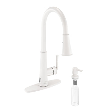 LED Infrared Sensor Pull Down Kitchen Faucet Switchable Water Flow White Light 360 Degree Rotation Deck Plate White