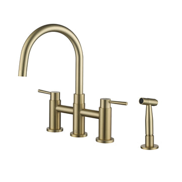 Bridge Kitchen Faucet with Side Sprayer 4 Hole Double Handle Kitchen Faucet Vintage Sink Faucet Farmhouse Kithcen Sink Faucet Brass Faucet, Brushed Gold