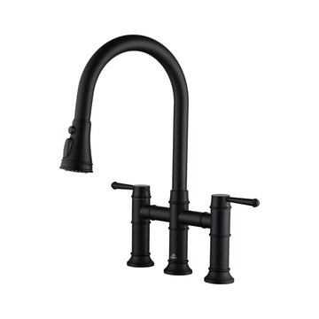 3 Hole Kitchen Faucet with Pull Down Sprayer, 3 Modes Bridge Faucet Double  Handle Kitchen Sink Faucet Brass Vintage Kitchen Faucets, Matte Black