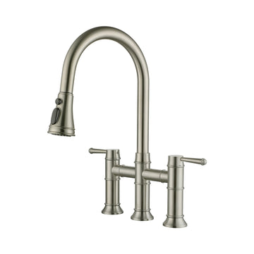 3 Hole Kitchen Faucet with Pull Down Sprayer, 3 Modes Bridge Faucet Double  Handle Kitchen Sink Faucet Brass Vintage Kitchen Faucets, Brushed Nickel