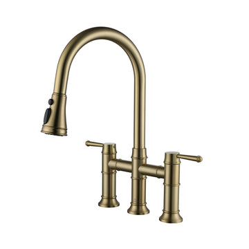3 Hole Kitchen Faucet with Pull Down Sprayer, 3 Modes Bridge Faucet Double  Handle Kitchen Sink Faucet Brass Vintage Kitchen Faucets, Brushed Gold