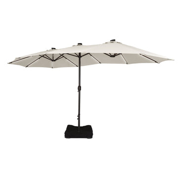15 FT Double-Head Patio Umbrella with Base Included Large Outdoor Umbrella with Solar Detachable Lights Rectangular Crank Market Umbrella, Beige